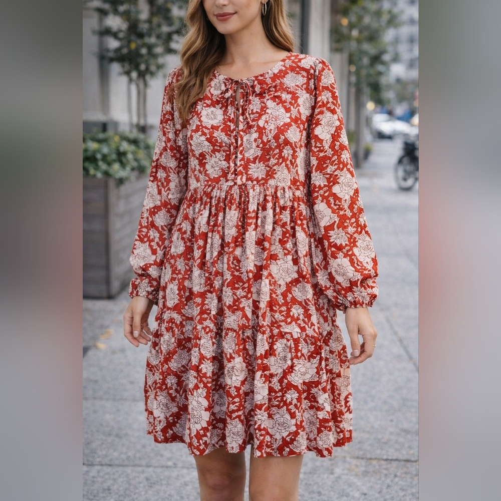 100% Cotton Floral Red and White Women's Boho Dress